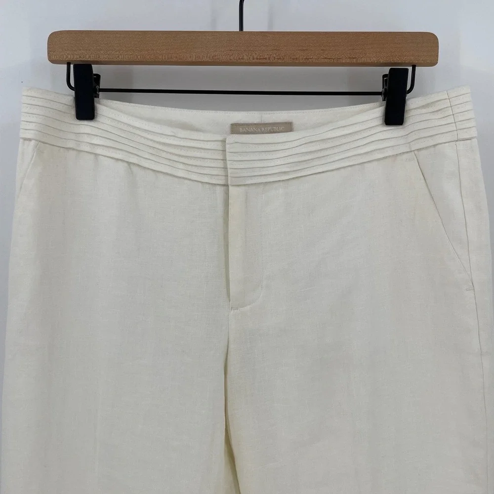 Banana Republic Martin Fit 100% Linen Pants Womens 6 Ivory Straight Wide Leg